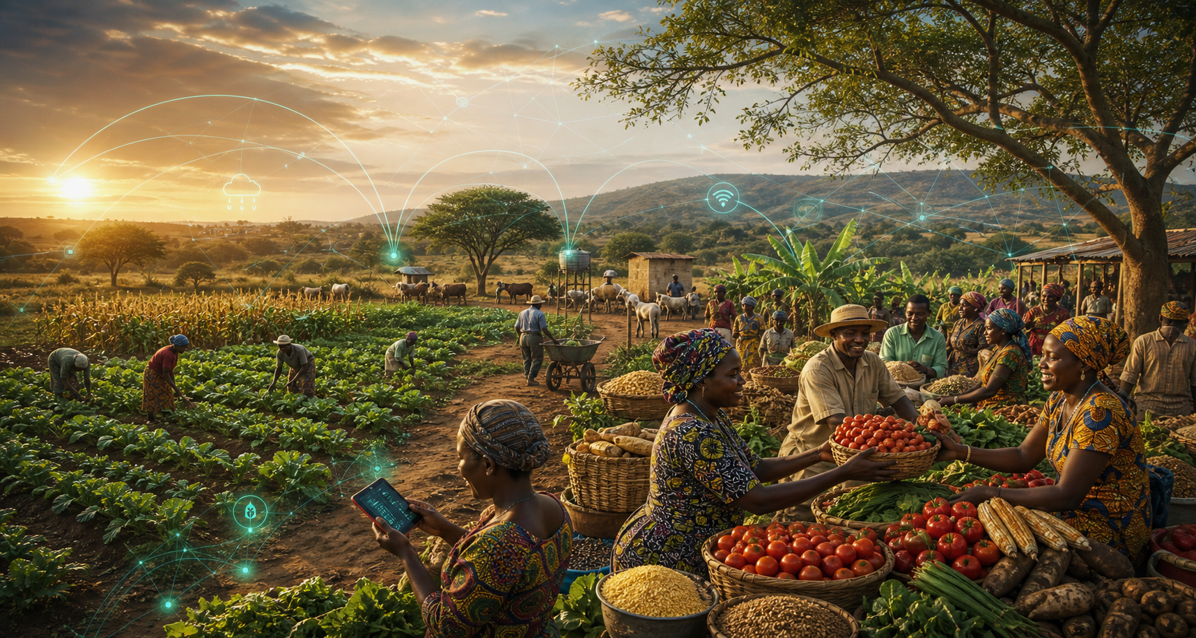 African farmers working in crop fields and trading produce in a vibrant market with digital agriculture graphics.